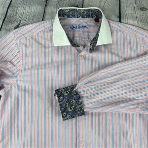 Robert Graham Shirt Men’s Large Pink Blue Stripe Long Sleeve Button‎ Flip Cuff